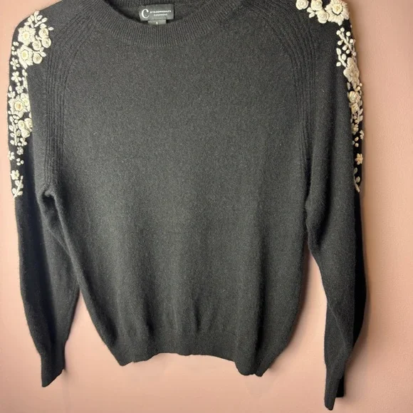 C by Bloomingdale's Cashmere Black Embroidered Sweater S - Picture 3 of 9